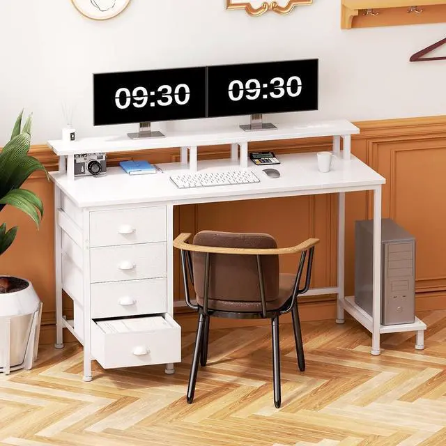 Alt view image 2 of 7 - Furologee 47" White Computer Desk with 4 Fabric Drawers & Monitor Stand, Gaming Desk with Power Outlets - LED Lights, Home Office Space-Saving Study Table for Bedroom Small Spaces