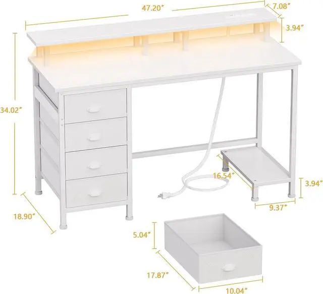 Alt view image 3 of 7 - Furologee 47" White Computer Desk with 4 Fabric Drawers & Monitor Stand, Gaming Desk with Power Outlets - LED Lights, Home Office Space-Saving Study Table for Bedroom Small Spaces