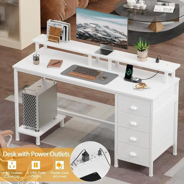 Alt view image 4 of 7 - Furologee 47" White Computer Desk with 4 Fabric Drawers & Monitor Stand, Gaming Desk with Power Outlets - LED Lights, Home Office Space-Saving Study Table for Bedroom Small Spaces