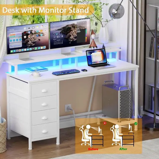 Alt view image 6 of 7 - Furologee 47" White Computer Desk with 4 Fabric Drawers & Monitor Stand, Gaming Desk with Power Outlets - LED Lights, Home Office Space-Saving Study Table for Bedroom Small Spaces