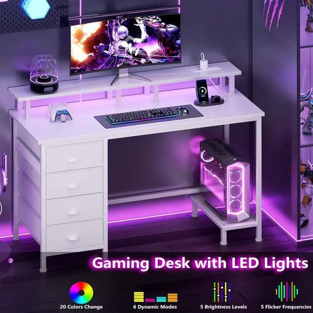 Alt view image 5 of 7 - Furologee 47" White Computer Desk with 4 Fabric Drawers & Monitor Stand, Gaming Desk with Power Outlets - LED Lights, Home Office Space-Saving Study Table for Bedroom Small Spaces