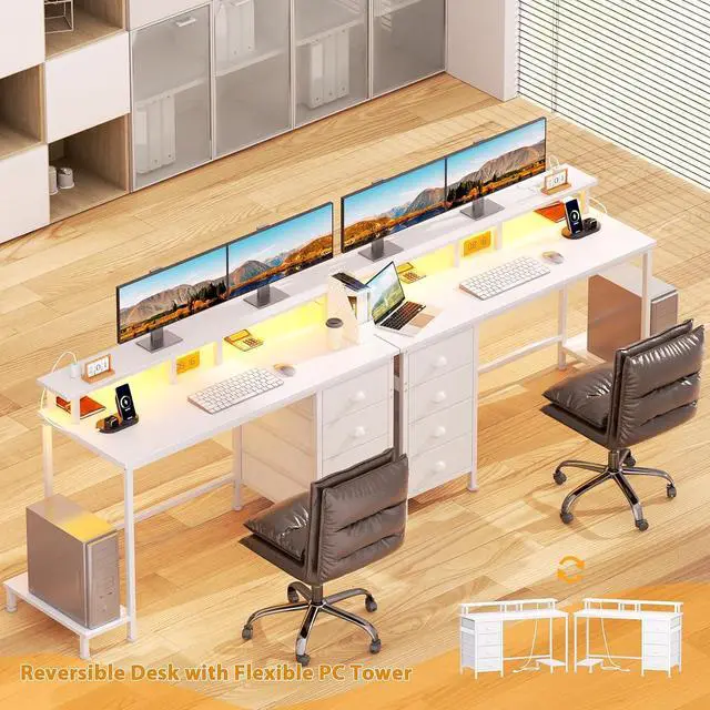 Alt view image 7 of 7 - Furologee 47" White Computer Desk with 4 Fabric Drawers & Monitor Stand, Gaming Desk with Power Outlets - LED Lights, Home Office Space-Saving Study Table for Bedroom Small Spaces