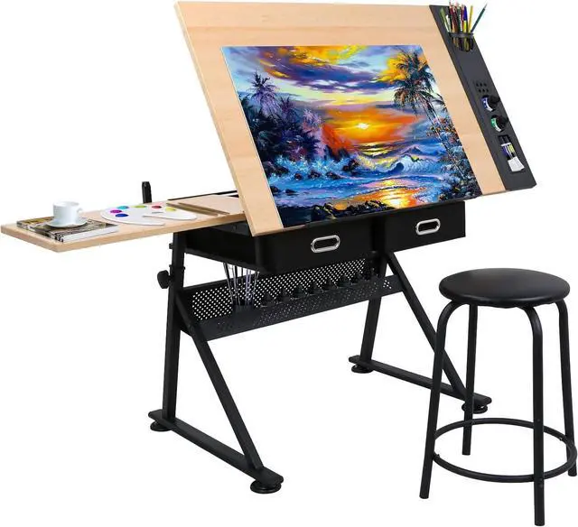 Main image of ZENY Drafting Table Art Desk Drawing Table Height Adjustable Artist Table Tilted Tabletop w/Drafting Stool and Storage Drawer for Reading, Writing, Crafting, Painting Art