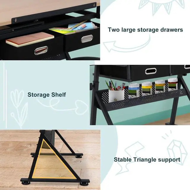 Alt view image 7 of 7 - ZENY Drafting Table Art Desk Drawing Table Height Adjustable Artist Table Tilted Tabletop w/Drafting Stool and Storage Drawer for Reading, Writing, Crafting, Painting Art