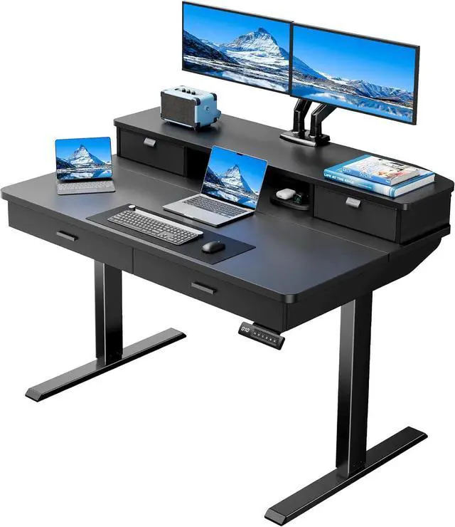 Main image of HUANUO 48 x 30 inch Electric Standing Desk with 4 Drawers, Adjustable Height Sit Stand Home Office Desk with Two Tiers, Ergonomic Adjustable Stand up Desk with Monitor Stand, Black