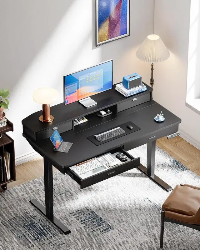 Alt view image 2 of 7 - HUANUO 48 x 30 inch Electric Standing Desk with 4 Drawers, Adjustable Height Sit Stand Home Office Desk with Two Tiers, Ergonomic Adjustable Stand up Desk with Monitor Stand, Black