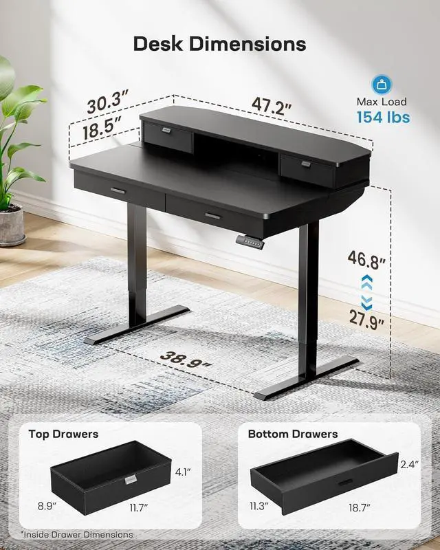 Alt view image 3 of 7 - HUANUO 48 x 30 inch Electric Standing Desk with 4 Drawers, Adjustable Height Sit Stand Home Office Desk with Two Tiers, Ergonomic Adjustable Stand up Desk with Monitor Stand, Black