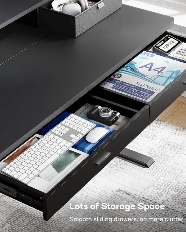 Alt view image 4 of 7 - HUANUO 48 x 30 inch Electric Standing Desk with 4 Drawers, Adjustable Height Sit Stand Home Office Desk with Two Tiers, Ergonomic Adjustable Stand up Desk with Monitor Stand, Black