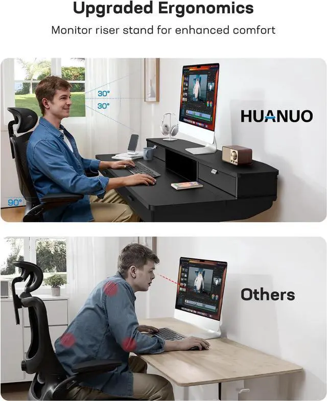 Alt view image 7 of 7 - HUANUO 48 x 30 inch Electric Standing Desk with 4 Drawers, Adjustable Height Sit Stand Home Office Desk with Two Tiers, Ergonomic Adjustable Stand up Desk with Monitor Stand, Black