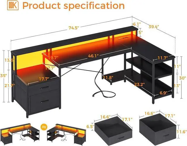 Alt view image 3 of 7 - ODK L Shaped Desk with File Drawer, 75" Reversible L Shaped Computer Desk with Power Outlet & LED Strip, Office Desk with Storage Shelves, Gaming Desk with Monitor Shelf, Corner Desk, Black