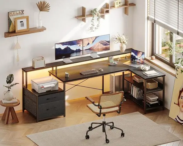Alt view image 2 of 7 - ODK L Shaped Desk with File Drawer, 75" Reversible L Shaped Computer Desk with Power Outlet & LED Strip, Office Desk with Storage Shelves, Gaming Desk with Monitor Shelf, Corner Desk, Black