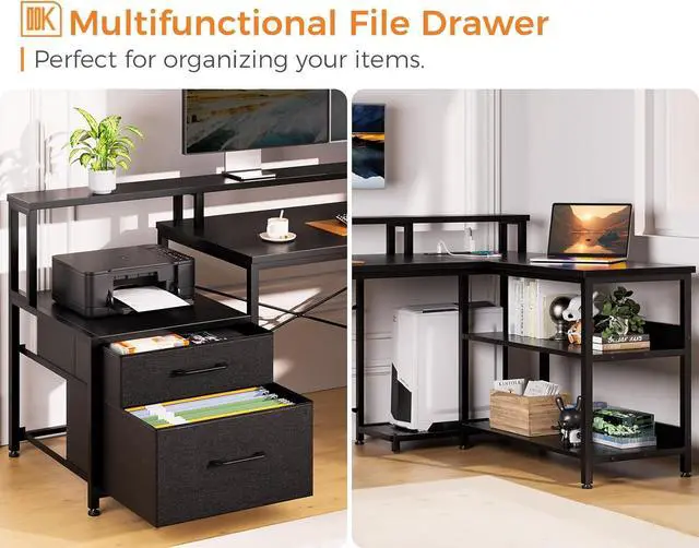 Alt view image 4 of 7 - ODK L Shaped Desk with File Drawer, 75" Reversible L Shaped Computer Desk with Power Outlet & LED Strip, Office Desk with Storage Shelves, Gaming Desk with Monitor Shelf, Corner Desk, Black