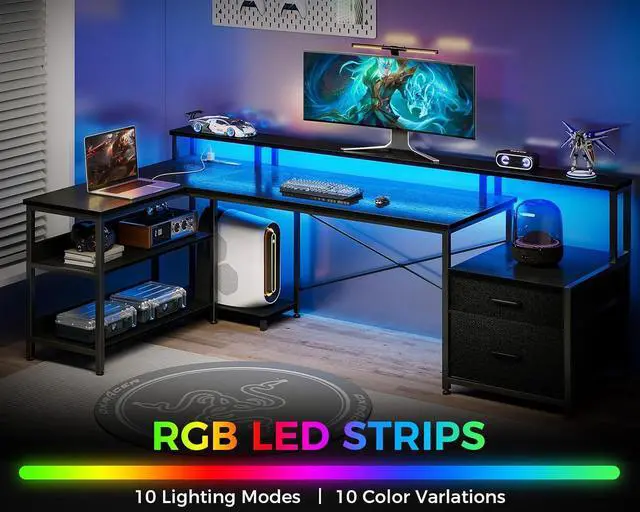 Alt view image 5 of 7 - ODK L Shaped Desk with File Drawer, 75" Reversible L Shaped Computer Desk with Power Outlet & LED Strip, Office Desk with Storage Shelves, Gaming Desk with Monitor Shelf, Corner Desk, Black