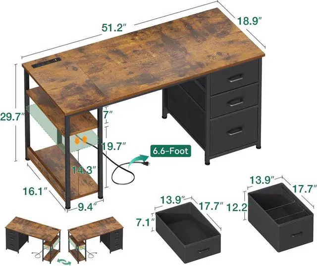 Alt view image 3 of 7 - AODK 51 Inch Computer Desk with Fabric Drawers & USB Power Outlets, Reversible Home Office Desk with Storage Shelves, Work from Home, Modern Work/Writing/Study Table for Bedroom, Vintage