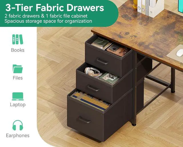 Alt view image 4 of 7 - AODK 51 Inch Computer Desk with Fabric Drawers & USB Power Outlets, Reversible Home Office Desk with Storage Shelves, Work from Home, Modern Work/Writing/Study Table for Bedroom, Vintage