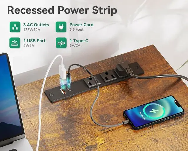 Alt view image 5 of 7 - AODK 51 Inch Computer Desk with Fabric Drawers & USB Power Outlets, Reversible Home Office Desk with Storage Shelves, Work from Home, Modern Work/Writing/Study Table for Bedroom, Vintage