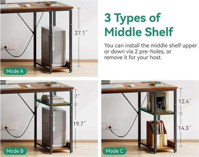Alt view image 6 of 7 - AODK 51 Inch Computer Desk with Fabric Drawers & USB Power Outlets, Reversible Home Office Desk with Storage Shelves, Work from Home, Modern Work/Writing/Study Table for Bedroom, Vintage
