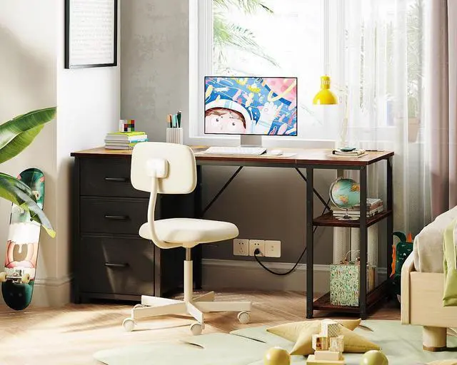 Alt view image 7 of 7 - AODK 51 Inch Computer Desk with Fabric Drawers & USB Power Outlets, Reversible Home Office Desk with Storage Shelves, Work from Home, Modern Work/Writing/Study Table for Bedroom, Vintage