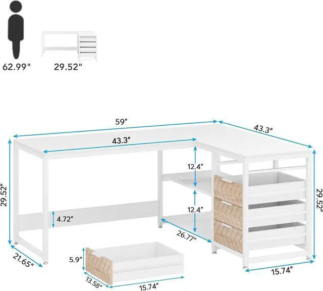 Alt view image 2 of 7 - Tribesigns L Shaped Computer Desk with Storage Drawers, 59 inch Corner Desk with Shelves, Reversible L-Shaped Office Desk Study Writing Table Workstation for Home Office, White
