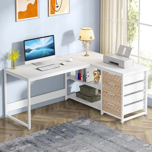 Main image of Tribesigns L Shaped Computer Desk with Storage Drawers, 59 inch Corner Desk with Shelves, Reversible L-Shaped Office Desk Study Writing Table Workstation for Home Office, White