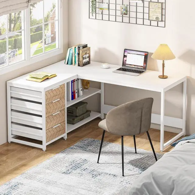 Alt view image 5 of 7 - Tribesigns L Shaped Computer Desk with Storage Drawers, 59 inch Corner Desk with Shelves, Reversible L-Shaped Office Desk Study Writing Table Workstation for Home Office, White
