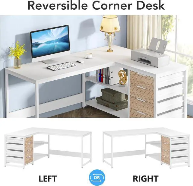 Alt view image 6 of 7 - Tribesigns L Shaped Computer Desk with Storage Drawers, 59 inch Corner Desk with Shelves, Reversible L-Shaped Office Desk Study Writing Table Workstation for Home Office, White