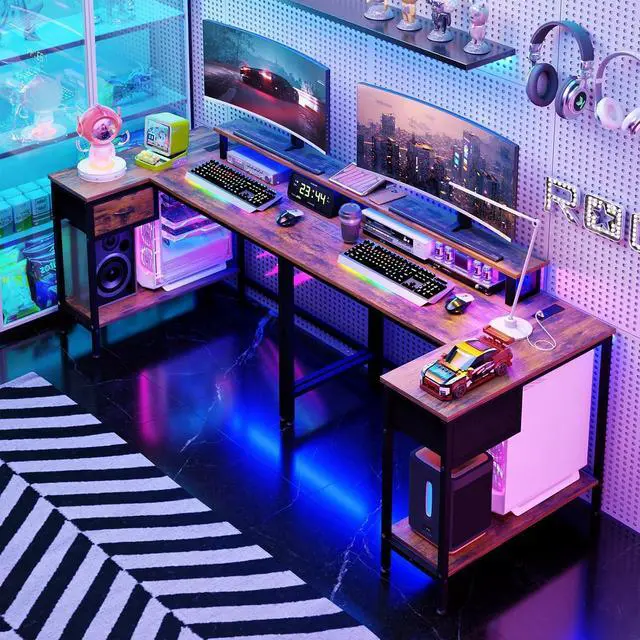 Alt view image 2 of 7 - Fixwal L Shaped Gaming Desk with Power Outlets and LED Light, 43 Inch Computer Desk with Charging Port, Small Corner Desk with Drawer and Shelf, Home Office Desk with Monitor Stand, Rustic Brown