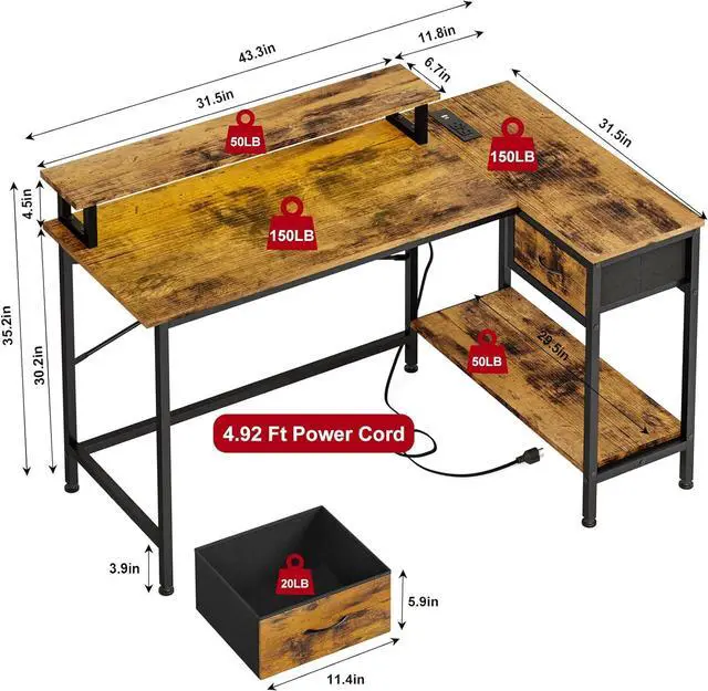 Alt view image 3 of 7 - Fixwal L Shaped Gaming Desk with Power Outlets and LED Light, 43 Inch Computer Desk with Charging Port, Small Corner Desk with Drawer and Shelf, Home Office Desk with Monitor Stand, Rustic Brown