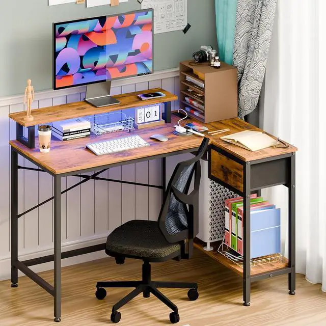 Alt view image 4 of 7 - Fixwal L Shaped Gaming Desk with Power Outlets and LED Light, 43 Inch Computer Desk with Charging Port, Small Corner Desk with Drawer and Shelf, Home Office Desk with Monitor Stand, Rustic Brown