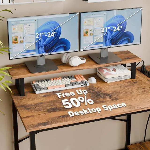 Alt view image 7 of 7 - Fixwal L Shaped Gaming Desk with Power Outlets and LED Light, 43 Inch Computer Desk with Charging Port, Small Corner Desk with Drawer and Shelf, Home Office Desk with Monitor Stand, Rustic Brown