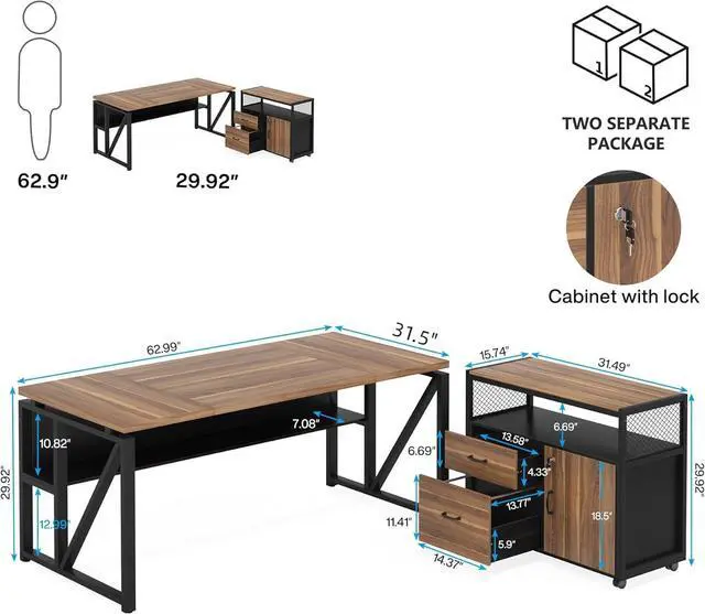 Alt view image 2 of 7 - Tribesigns 63" L Shaped Desk with Drawer Cabinet, Executive Computer Desk and lateral File Cabinet, 2 Piece Home Office Furniture with Drawers for Hanging File, Doors with Locks (Brown, 63 inches)