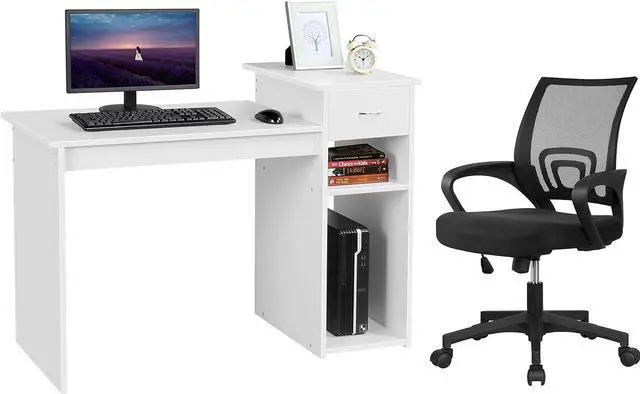 Main image of Yaheetech Home Office Computer Desk & Chair Set, 44 Inch Computer Desk with Drawer & Mesh Ergonomic Height Adjustable Office Chair, White & Black