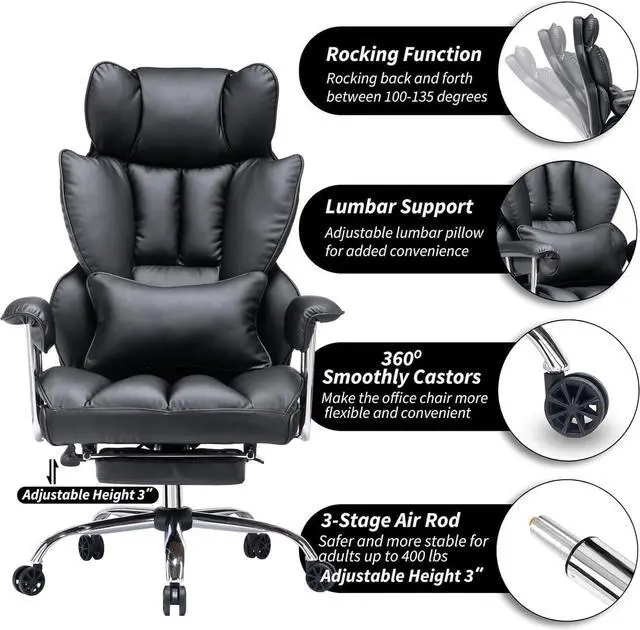 Alt view image 7 of 7 - Efomao Desk Office Chair 400LBS, Big and Tall Office Chair, PU Leather Computer Chair, Executive Office Chair with Leg Rest and Lumbar Support, Black Office Chair