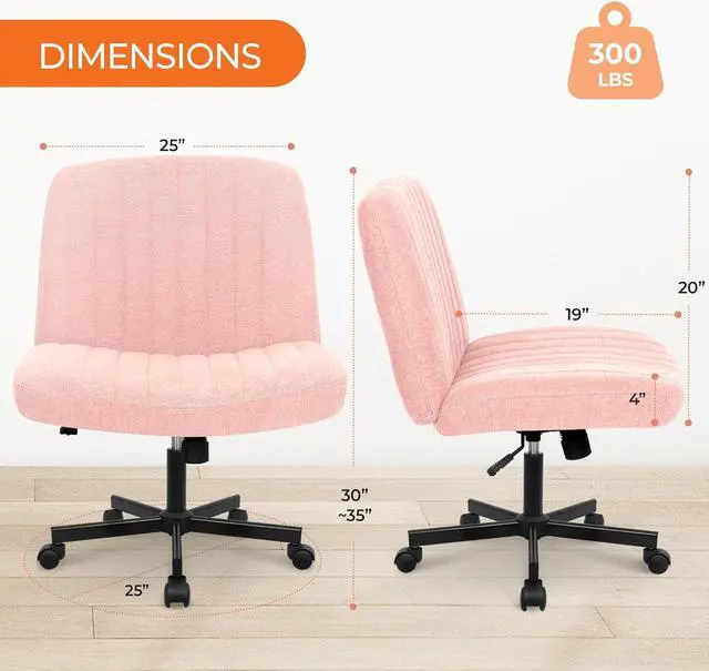 Alt view image 2 of 7 - Orange Factory Criss Cross Chair with Wheels, Armless Cross Legged Office Desk Chair, Wide Comfy Vanity Rolling Swivel Modern Comfortable Fabric Computer Task Chairs for Home Office (Pink)