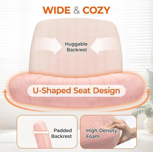 Alt view image 4 of 7 - Orange Factory Criss Cross Chair with Wheels, Armless Cross Legged Office Desk Chair, Wide Comfy Vanity Rolling Swivel Modern Comfortable Fabric Computer Task Chairs for Home Office (Pink)