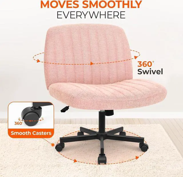 Alt view image 5 of 7 - Orange Factory Criss Cross Chair with Wheels, Armless Cross Legged Office Desk Chair, Wide Comfy Vanity Rolling Swivel Modern Comfortable Fabric Computer Task Chairs for Home Office (Pink)