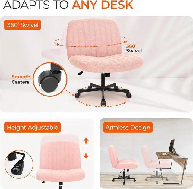Alt view image 6 of 7 - Orange Factory Criss Cross Chair with Wheels, Armless Cross Legged Office Desk Chair, Wide Comfy Vanity Rolling Swivel Modern Comfortable Fabric Computer Task Chairs for Home Office (Pink)