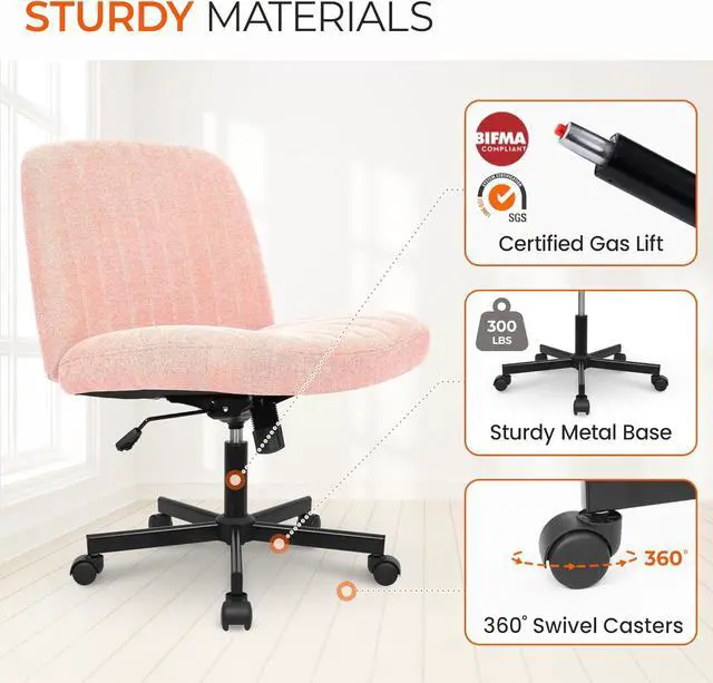 Alt view image 7 of 7 - Orange Factory Criss Cross Chair with Wheels, Armless Cross Legged Office Desk Chair, Wide Comfy Vanity Rolling Swivel Modern Comfortable Fabric Computer Task Chairs for Home Office (Pink)