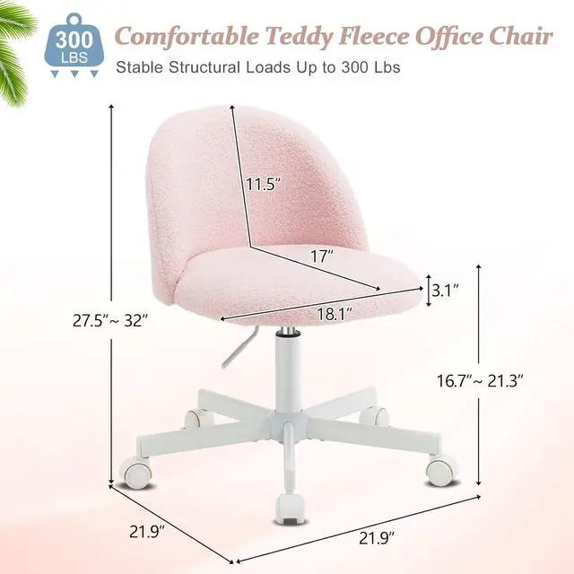 Alt view image 2 of 7 - VINGLI Candy Chair Armless Cute Desk Chair,Comfy Small Office Chair with Wheels,Vanity Chair with Lumbar Support,Teddy Adjustable Rolling Swivel Computer Task Chair for Home Office,Bedroom,Gentle Pink