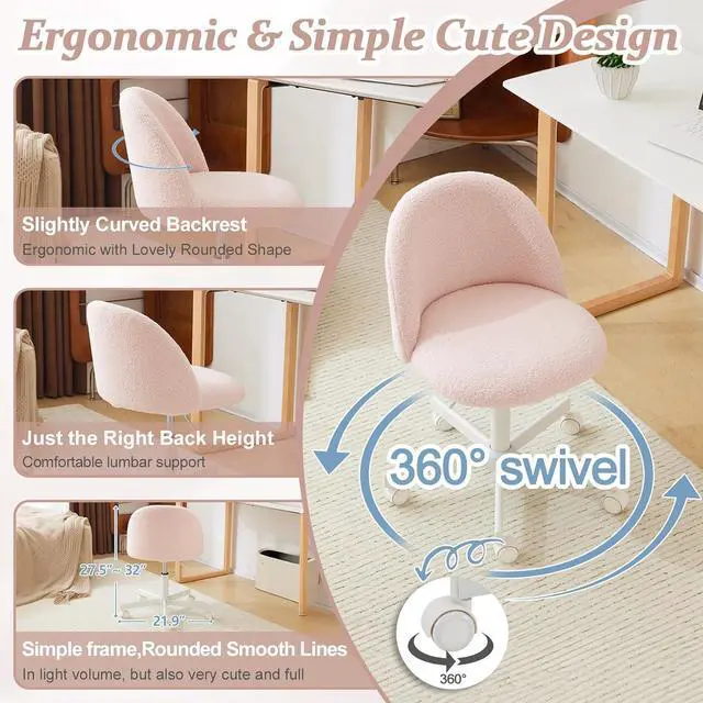 Alt view image 3 of 7 - VINGLI Candy Chair Armless Cute Desk Chair,Comfy Small Office Chair with Wheels,Vanity Chair with Lumbar Support,Teddy Adjustable Rolling Swivel Computer Task Chair for Home Office,Bedroom,Gentle Pink