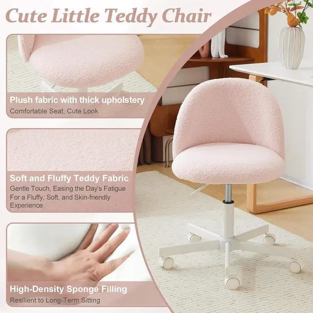 Alt view image 4 of 7 - VINGLI Candy Chair Armless Cute Desk Chair,Comfy Small Office Chair with Wheels,Vanity Chair with Lumbar Support,Teddy Adjustable Rolling Swivel Computer Task Chair for Home Office,Bedroom,Gentle Pink