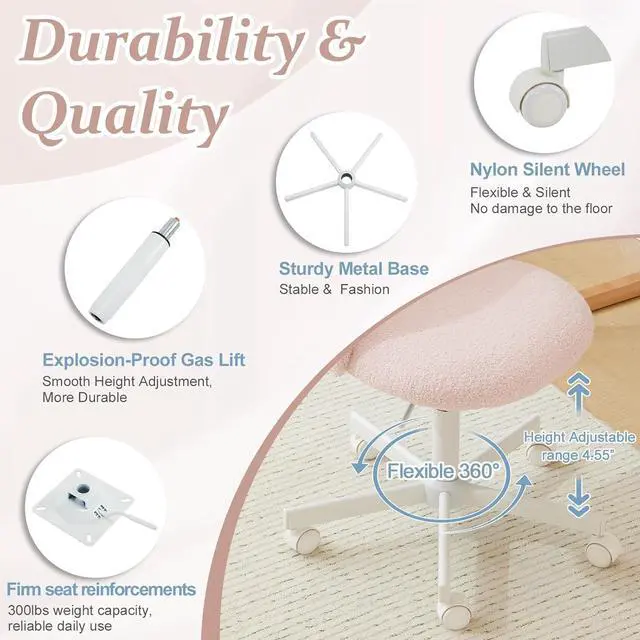 Alt view image 5 of 7 - VINGLI Candy Chair Armless Cute Desk Chair,Comfy Small Office Chair with Wheels,Vanity Chair with Lumbar Support,Teddy Adjustable Rolling Swivel Computer Task Chair for Home Office,Bedroom,Gentle Pink