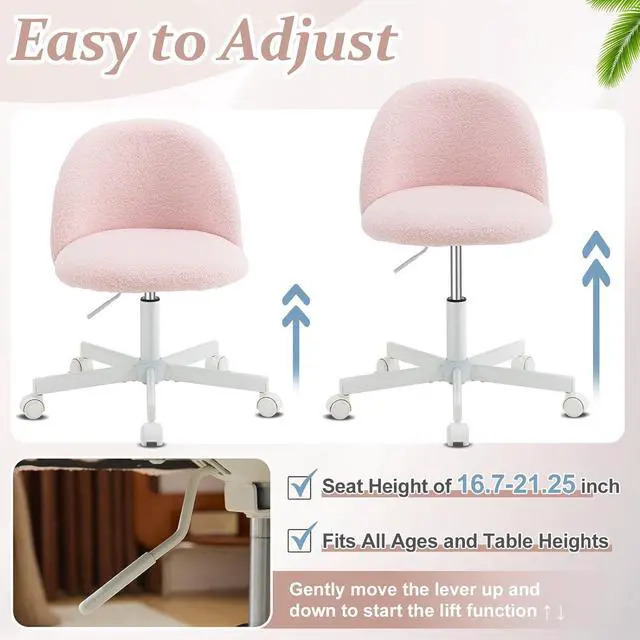 Alt view image 6 of 7 - VINGLI Candy Chair Armless Cute Desk Chair,Comfy Small Office Chair with Wheels,Vanity Chair with Lumbar Support,Teddy Adjustable Rolling Swivel Computer Task Chair for Home Office,Bedroom,Gentle Pink