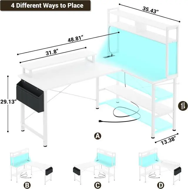 Alt view image 2 of 7 - Aheaplus L Shaped Gaming Desk with Power Outlets & LED Lights, Small L- Shaped Desk Computer Corner Desk with Monitor Stand & Storage Shelf, Home Office Desk Writing Desk with Storage Bag, White