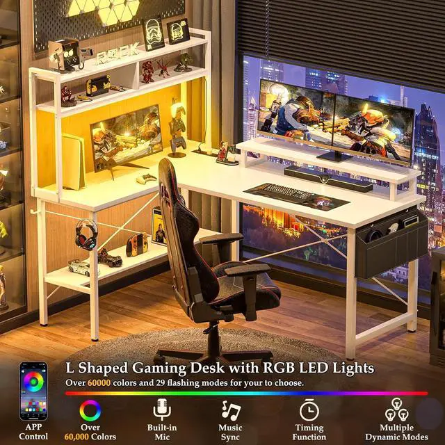 Alt view image 3 of 7 - Aheaplus L Shaped Gaming Desk with Power Outlets & LED Lights, Small L- Shaped Desk Computer Corner Desk with Monitor Stand & Storage Shelf, Home Office Desk Writing Desk with Storage Bag, White