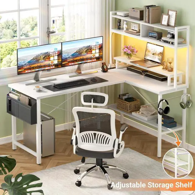 Alt view image 6 of 7 - Aheaplus L Shaped Gaming Desk with Power Outlets & LED Lights, Small L- Shaped Desk Computer Corner Desk with Monitor Stand & Storage Shelf, Home Office Desk Writing Desk with Storage Bag, White