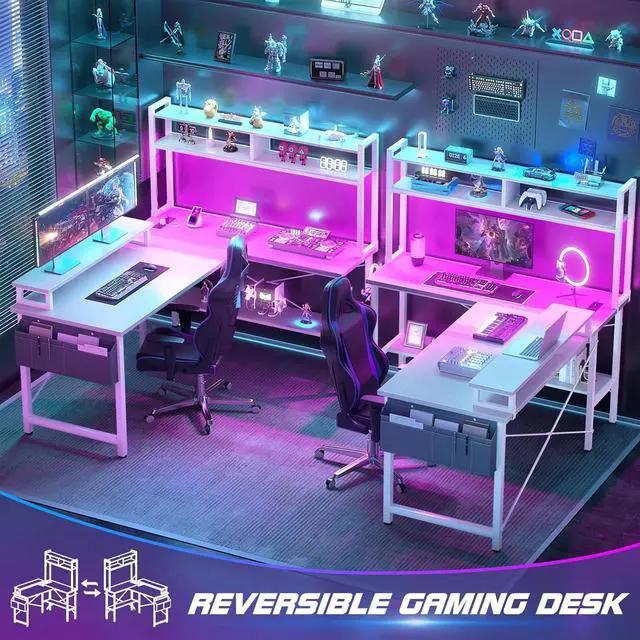Alt view image 7 of 7 - Aheaplus L Shaped Gaming Desk with Power Outlets & LED Lights, Small L- Shaped Desk Computer Corner Desk with Monitor Stand & Storage Shelf, Home Office Desk Writing Desk with Storage Bag, White