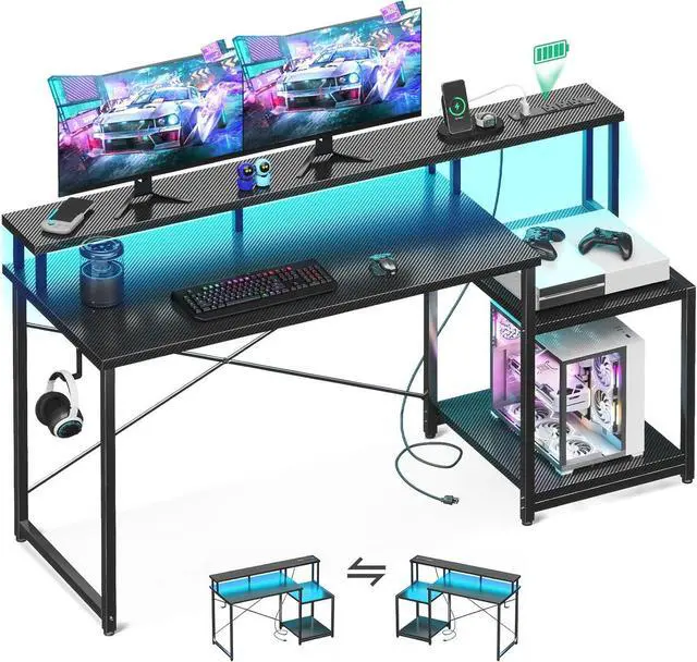 Main image of AODK Computer Desk, 56 Inch Gaming Desk with Led Lights & Power Outlet, Office Desk with Printer Storage Shelves, Reversible Desk with Monitor Shelf & Headphone Hook, Carbon Fiber Black
