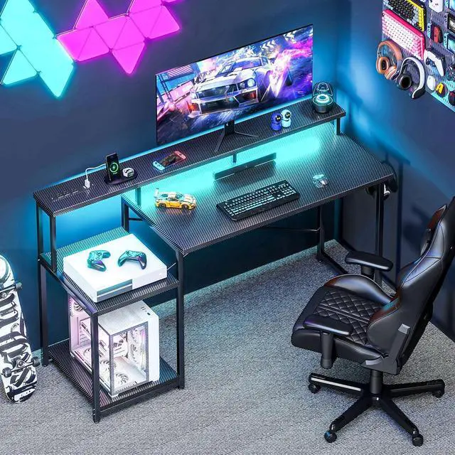 Alt view image 2 of 7 - AODK Computer Desk, 56 Inch Gaming Desk with Led Lights & Power Outlet, Office Desk with Printer Storage Shelves, Reversible Desk with Monitor Shelf & Headphone Hook, Carbon Fiber Black