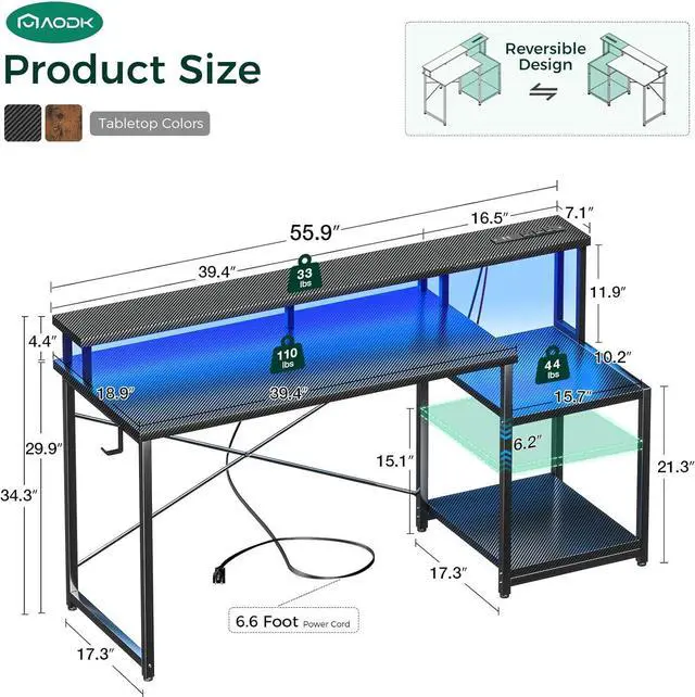 Alt view image 3 of 7 - AODK Computer Desk, 56 Inch Gaming Desk with Led Lights & Power Outlet, Office Desk with Printer Storage Shelves, Reversible Desk with Monitor Shelf & Headphone Hook, Carbon Fiber Black